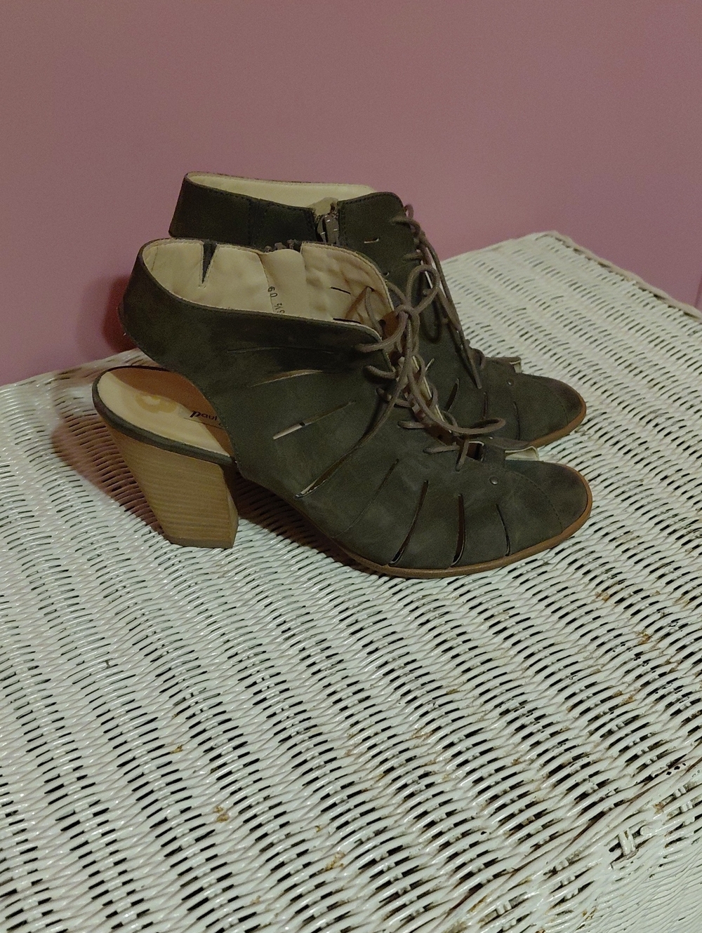 Paul Green Olive Green Suede Lace-Up Cutout Block Heel Sandals